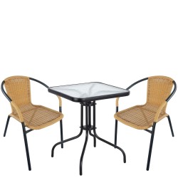 Σετ Τραπεζαρία Κήπου  MARS Μαύρο/Μπεζ Rattan/Γυαλί/Μέταλλο Με 2 Πολυθρόνες 14990487