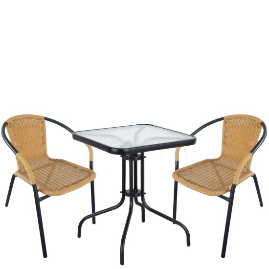 Σετ Τραπεζαρία Κήπου  MARS Μαύρο/Μπεζ Rattan/Γυαλί/Μέταλλο Με 2 Πολυθρόνες 14990487