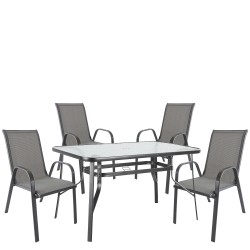Σετ Τραπεζαρία Κήπου  SUN Γκρι Γυαλί/Textilene/Μέταλλο Με 4 Πολυθρόνες 14990567