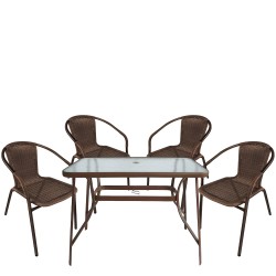 Σετ Τραπεζαρία Κήπου  SUN Καφέ Rattan/Γυαλί/Μέταλλο Με 4 Πολυθρόνες 14990533
