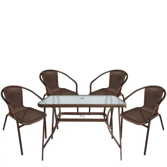 Σετ Τραπεζαρία Κήπου  SUN Καφέ Rattan/Γυαλί/Μέταλλο Με 4 Πολυθρόνες 14990532