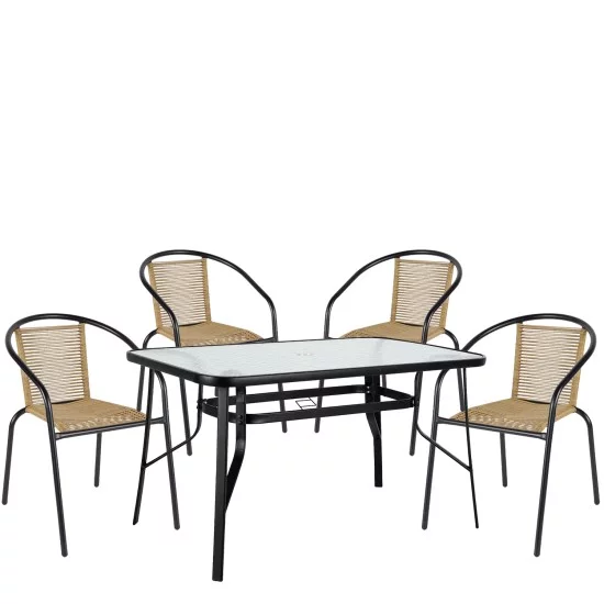 Σετ Τραπεζαρία Κήπου  SUN Μαύρο/Φυσικό Rattan/Γυαλί/Μέταλλο Με 4 Πολυθρόνες 14990590
