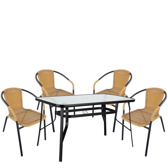 Σετ Τραπεζαρία Κήπου  SUN Μαύρο/Μπεζ Rattan/Γυαλί/Μέταλλο Με 4 Πολυθρόνες 14990535