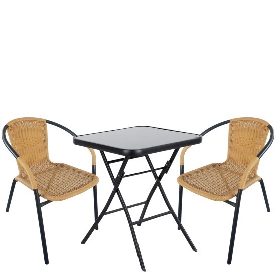 Σετ Τραπεζαρία Κήπου  TAURUS Μαύρο/Μπεζ Rattan/Γυαλί/Μέταλλο Με 2 Πολυθρόνες 14990488