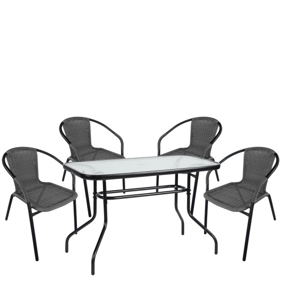 Σετ Τραπεζαρία Κήπου  VULCAN Μαύρο/Γκρι Rattan/Γυαλί/Μέταλλο Με 4 Πολυθρόνες 14990542