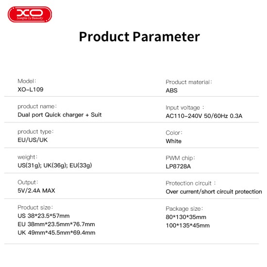 XO L109 (UK) Dual USB-A 2.4A Charger with Type-C cable XO L109 (UK) Dual USB-A 2.4A Charger with Type-C cable
