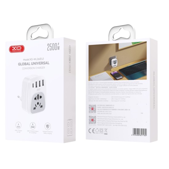 XO WL26 Αντάπτορας Πρίζας EU σε Universal με 1 USB-C & 3 USB-A Θύρες Φόρτισης
