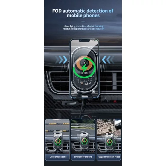 XO WX038 Διαφανής Βάση Ασύρματης Φόρτισης Αυτοκινήτου 2 σε 1 - Αεραγωγού & με Βεντούζα 15W