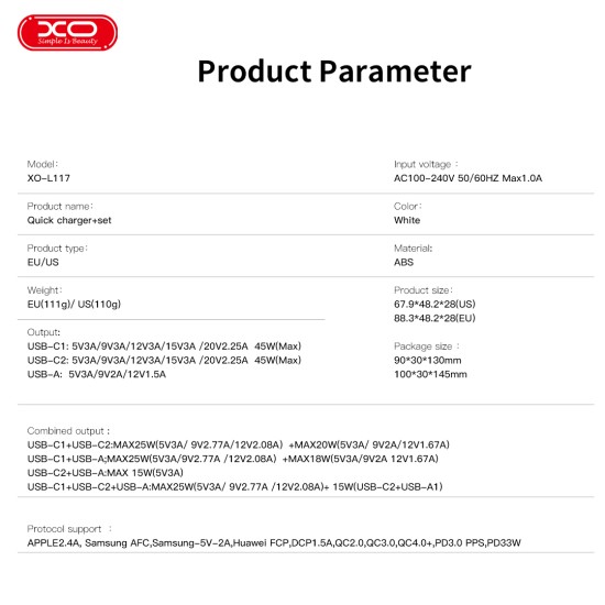 XO L117 (EU) PD45W/QC18W Φορτιστής Γρήγορης Φόρτισης με Micro