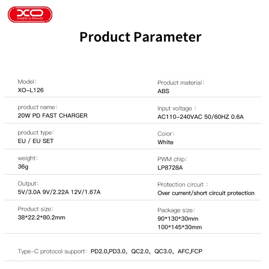 XO L126 USB-C PD20W Fast Charging Charger with Type-C cable(NB-Q190A) XO L126 USB-C PD20W Fast Charging Charger with Type-C cable(NB-Q190A)