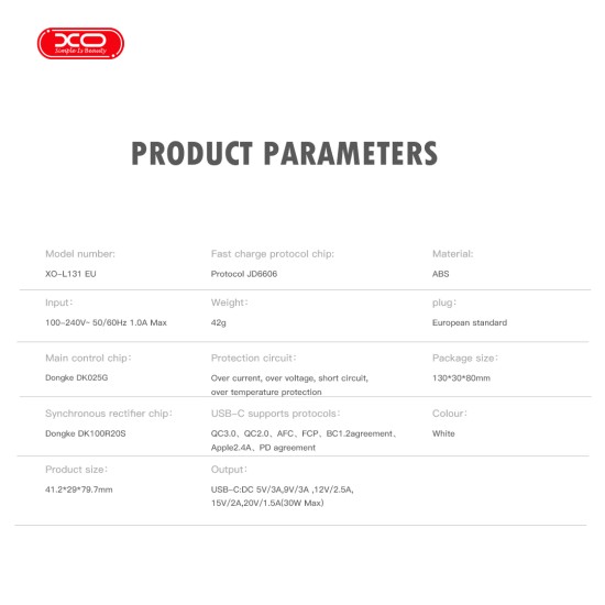 XO L131 (EU) PD30W USB-C Φορτιστής Γρήγορης Φόρτισης XO L131 (EU) PD30W USB-C Φορτιστής Γρήγορης Φόρτισης