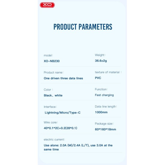 XO NB230 Καλώδιο Φόρτισης + Data 3 σε 1 2.4A Μαύρο XO NB230 Καλώδιο Φόρτισης + Data 3 σε 1 2.4A Μαύρο