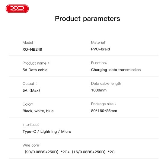 XO NB249 5A PVC Shiny Colorful Micro Καλώδιο Δεδομένων Λευκό XO NB249 5A PVC Shiny Colorful Micro Καλώδιο Δεδομένων Λευκό