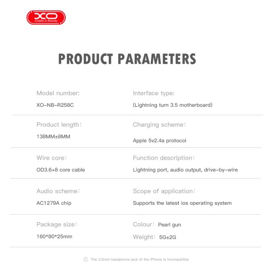 XO NBR258C Lightning adapter Lightning to 3.5mm XO NBR258C Lightning adapter Lightning to 3.5mm
