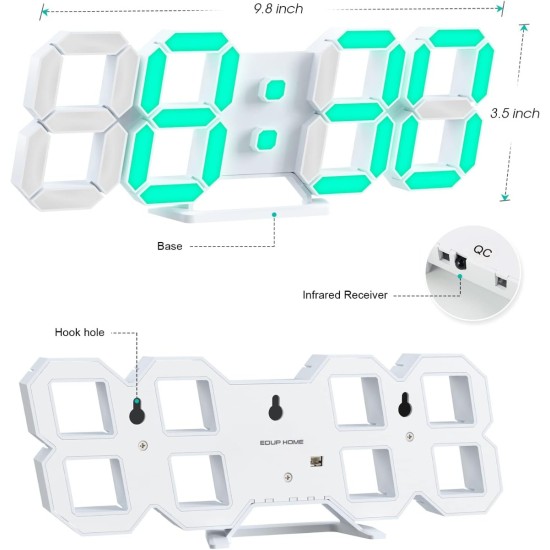 EDUP EH-LED1319 3D LED Wall Clock 9.5 Remote Control Digital Nightlight EDUP EH-LED1319 3D LED Wall Clock 9.5 Remote Control Digital Nightlight