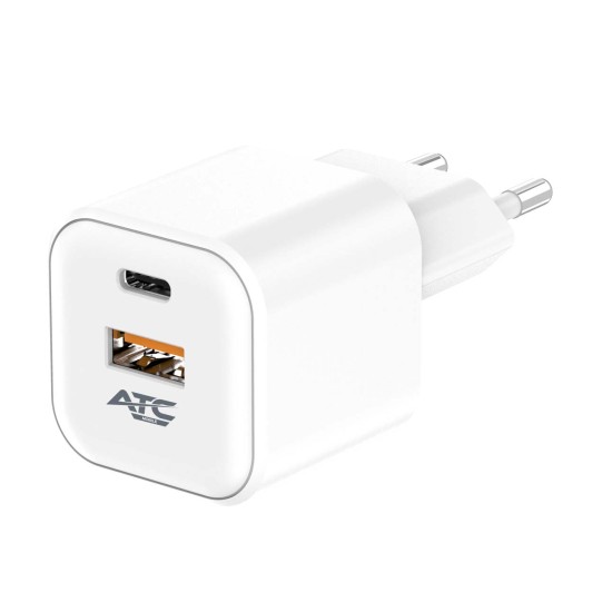 ATC-CHF15 Φορτιστής GaN Ταχείας Φόρτισης με 2 Θύρες USB-A & Type-C 20W