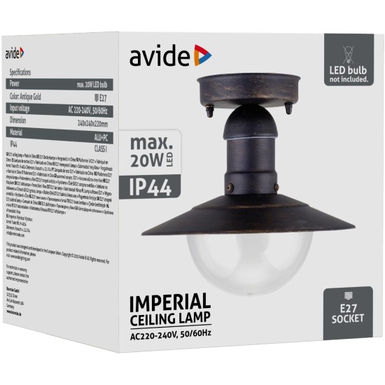 Avide Εξωτερικό Φωτιστικό Οροφής Imperial 1xE27 IP44 Σκούρο Χρυσό Avide Εξωτερικό Φωτιστικό Οροφής Imperial 1xE27 IP44 Σκούρο Χρυσό