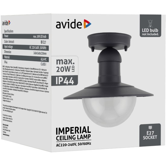 Avide Εξωτερικό Φωτιστικό Οροφής Imperial 1xE27 IP44 Ανθρακί Avide Εξωτερικό Φωτιστικό Οροφής Imperial 1xE27 IP44 Ανθρακί