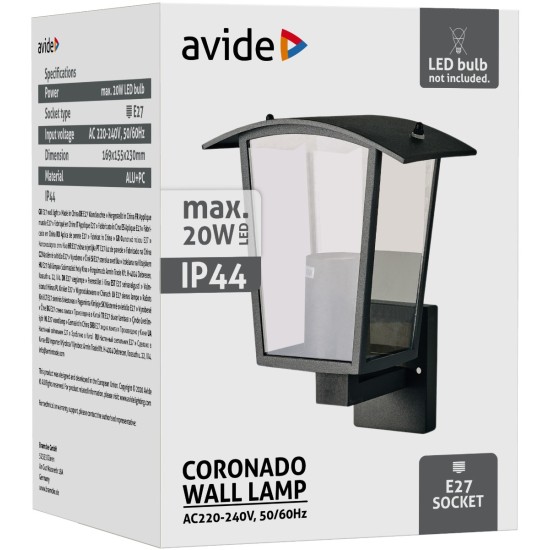 Avide Εξωτερικό Φωτιστικό Τοίχου Coronado 1xE27 IP44 Μαύρο Avide Εξωτερικό Φωτιστικό Τοίχου Coronado 1xE27 IP44 Μαύρο