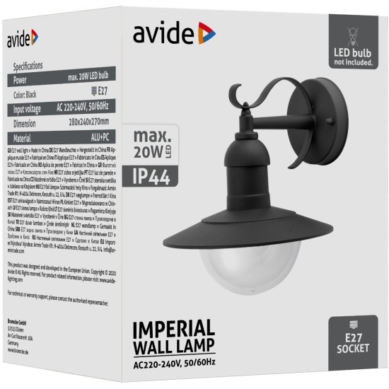 Avide Εξωτερικό Φωτιστικό Τοίχου Imperial 1xE27 IP44 Μαύρο Avide Εξωτερικό Φωτιστικό Τοίχου Imperial 1xE27 IP44 Μαύρο