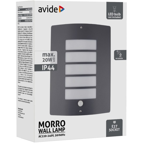 Avide Εξωτερικό Φωτιστικό Τοίχου Morro 1xE27 IP44 Ανθρακί με Φωτοκύτταρο Avide Εξωτερικό Φωτιστικό Τοίχου Morro 1xE27 IP44 Ανθρακί με Φωτοκύτταρο
