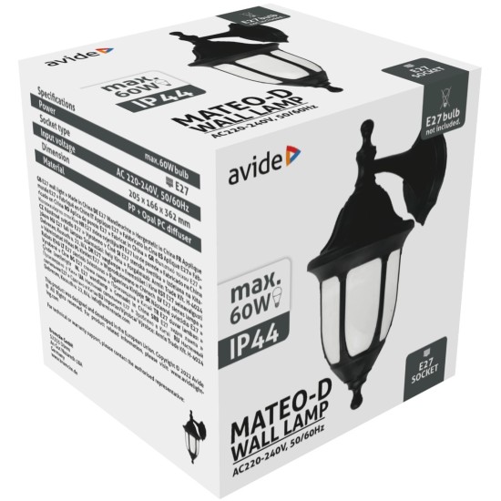 Avide Εξωτερικό Φωτιστικό Τοίχου Mateo-D 1xE27 IP44 Μαύρο Avide Εξωτερικό Φωτιστικό Τοίχου Mateo-D 1xE27 IP44 Μαύρο