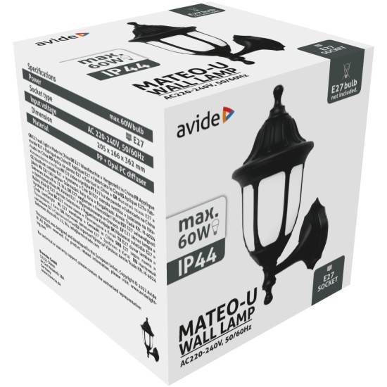 Avide Εξωτερικό Φωτιστικό Τοίχου Mateo-U 1xE27 IP44 Μαύρο Avide Εξωτερικό Φωτιστικό Τοίχου Mateo-U 1xE27 IP44 Μαύρο