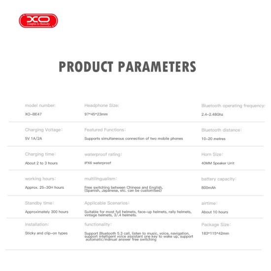 XO BE47 Bluetooth Ακουστικό Κράνους XO BE47 Bluetooth Ακουστικό Κράνους