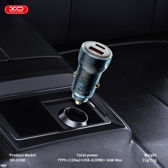 XO CC60 Smart Διαφανής Φορτιστής Αυτοκινήτου A30W+C30W/Ταυτόχρονη 60W Μπλε XO CC60 Smart Διαφανής Φορτιστής Αυτοκινήτου A30W+C30W/Ταυτόχρονη 60W Μπλε
