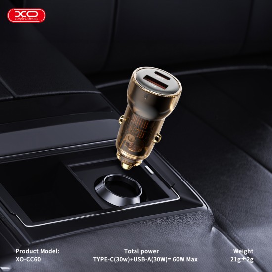 XO CC60 Smart Διαφανής Φορτιστής Αυτοκινήτου A30W+C30W/Ταυτόχρονη 60W Καφέ
