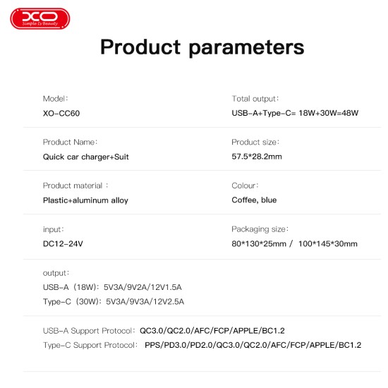 XO CC60 Smart Διαφανής Φορτιστής Αυτοκινήτου A30W+C30W/Ταυτόχρονη 60W Μπλε XO CC60 Smart Διαφανής Φορτιστής Αυτοκινήτου A30W+C30W/Ταυτόχρονη 60W Μπλε
