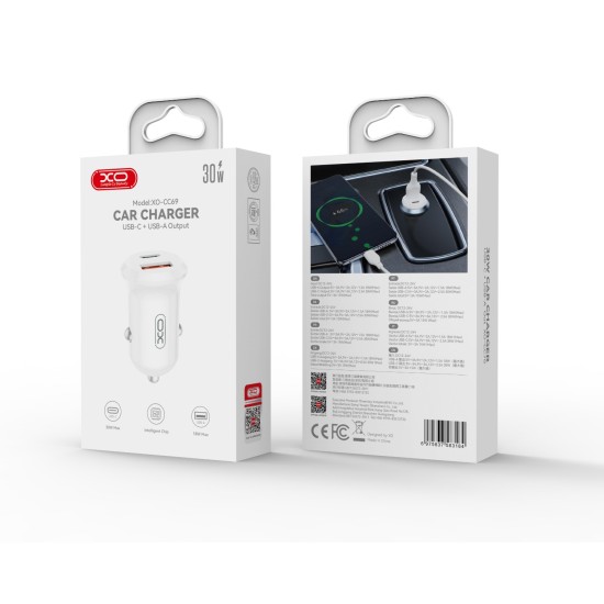 XO CC69 Μικρός Smart Φορτιστής Αυτοκινήτου USB-A & Type-C 30W Λευκός