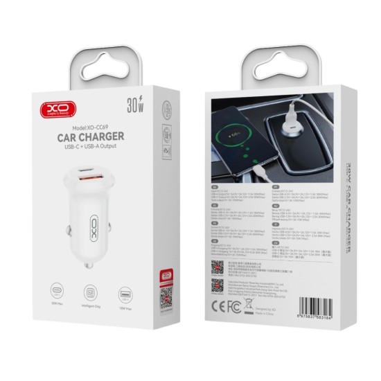 XO CC69 Μικρός Smart Φορτιστής Αυτοκινήτου USB-A & Type-C 30W Λευκός
