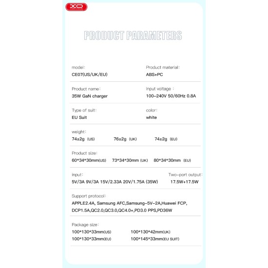 XO CE07 (EU) Διπλός Φορτιστής PD GaN XO CE07 (EU) Διπλός Φορτιστής PD GaN
