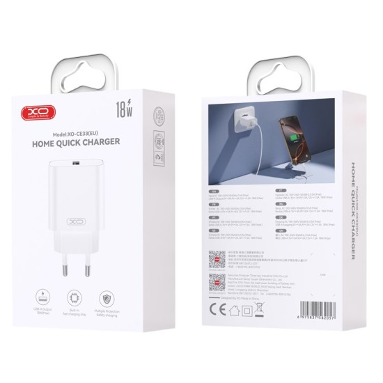 XO CE33 (EU) QC3.0 18W Μονό USB-A Γρήγορος Φορτιστής XO CE33 (EU) QC3.0 18W Μονό USB-A Γρήγορος Φορτιστής
