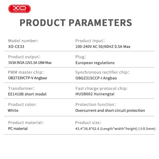 XO CE33 (EU) QC3.0 18W Μονό USB-A Γρήγορος Φορτιστής XO CE33 (EU) QC3.0 18W Μονό USB-A Γρήγορος Φορτιστής