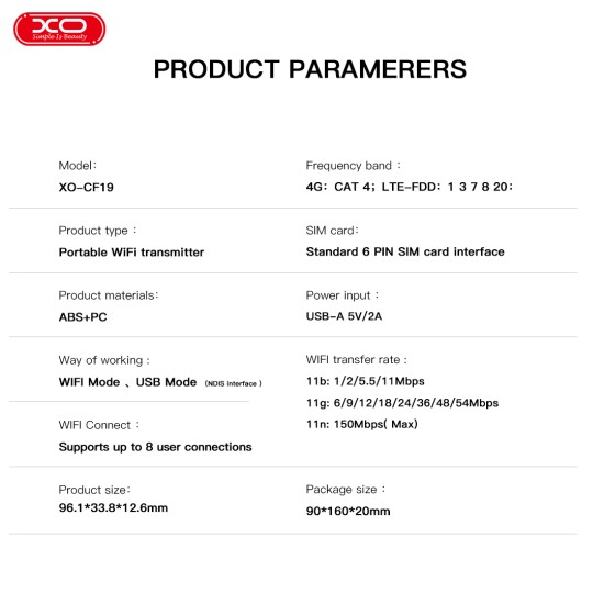 XO CF19 Φορητός Πομπός WiFi (χωρίς κάρτα 4G) XO CF19 Φορητός Πομπός WiFi (χωρίς κάρτα 4G)