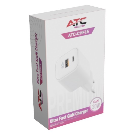 ATC-CHF15 Φορτιστής GaN Ταχείας Φόρτισης με 2 Θύρες USB-A & Type-C 20W
