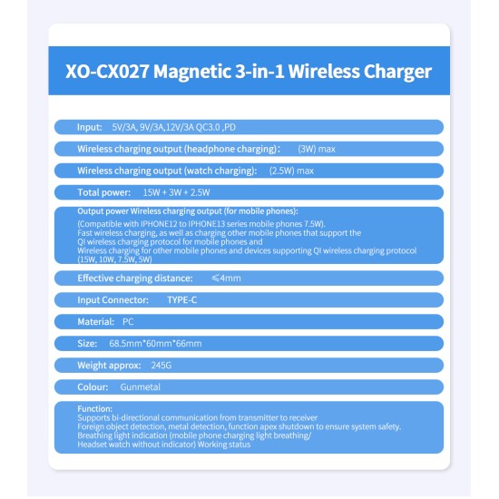 XO CX027 Κινητό /Apple Watch/ TWS 3-σε-1 Ασύρματος φορτιστής 15W