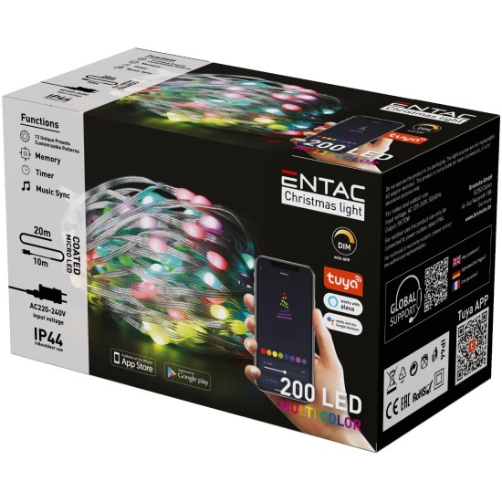 Entac Χριστουγεννιάτικα Λαμπάκια IP44 200 LED Σύρμα Πολύχρωμα Tuya APP