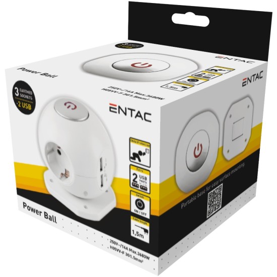 Entac Πολύπριζο 3 Θέσεων με Διακόπτη Μπάλα, 2x2.1A USB Θυρών 1.5m 3G1 Entac Πολύπριζο 3 Θέσεων με Διακόπτη Μπάλα, 2x2.1A USB Θυρών 1.5m 3G1