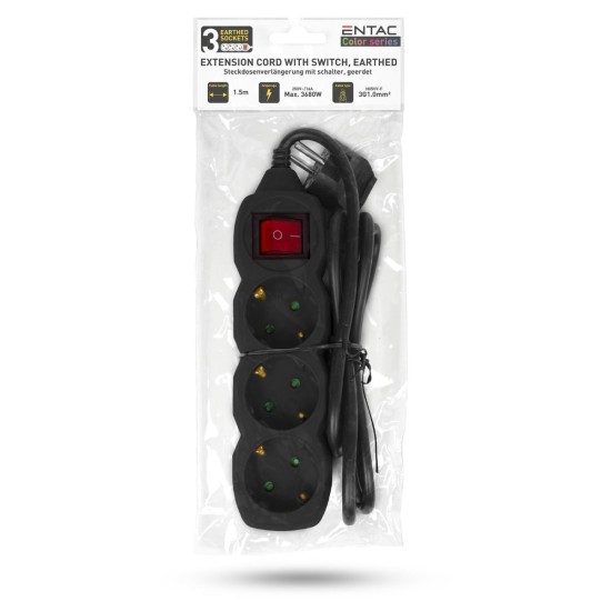 Entac Πολύπριζο 3 Θέσεων Με Διακόπτη 3x1.0mm 1.5m Μαύρο Entac Πολύπριζο 3 Θέσεων Με Διακόπτη 3x1.0mm 1.5m Μαύρο