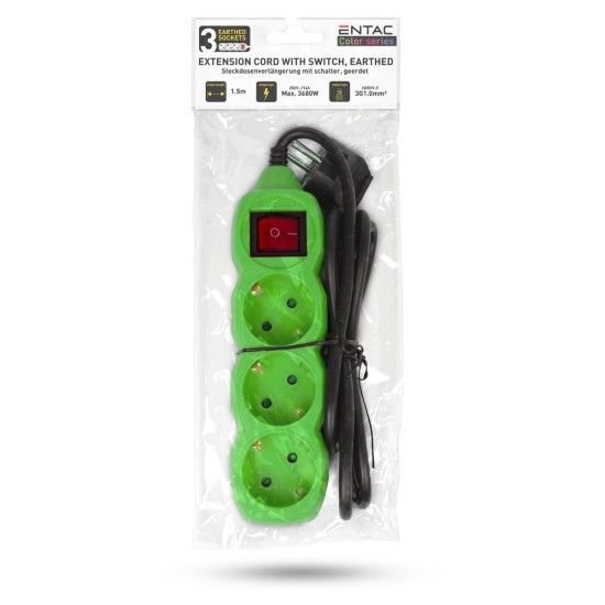 Entac Πολύπριζο 3 Θέσεων Με Διακόπτη 3x1.0mm 1.5m Πράσινο