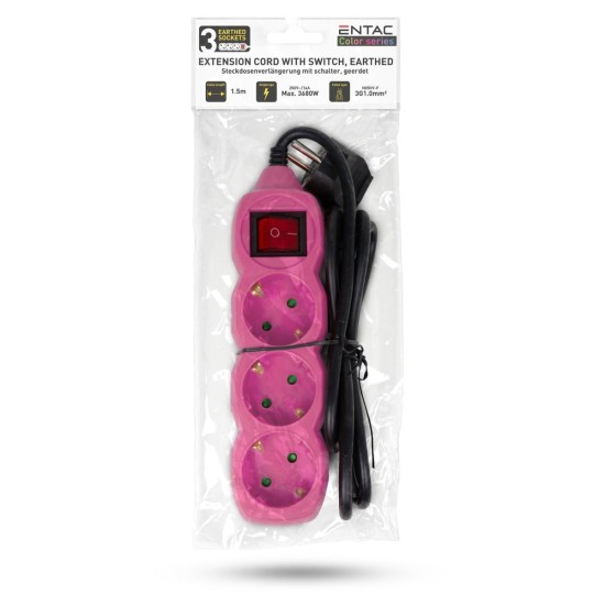 Entac Πολύπριζο 3 Θέσεων Με Διακόπτη 3x1.0mm 1.5m Ρόζ Entac Πολύπριζο 3 Θέσεων Με Διακόπτη 3x1.0mm 1.5m Ρόζ