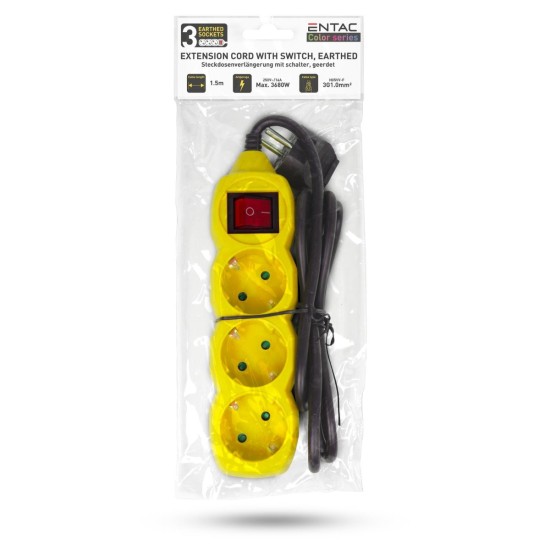 Entac Πολύπριζο 3 Θέσεων Με Διακόπτη 3x1.0mm 1.5m Κίτρινο Entac Πολύπριζο 3 Θέσεων Με Διακόπτη 3x1.0mm 1.5m Κίτρινο