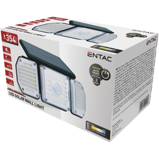 Entac Ηλιακός Προβολέας Τοίχου 2W SMD 3 Κεφαλές Φωτοκύτταρο Entac Ηλιακός Προβολέας Τοίχου 2W SMD 3 Κεφαλές Φωτοκύτταρο