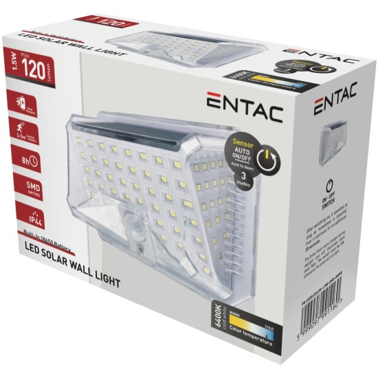 Entac Ηλιακός Προβολέας Τοίχου 1.5W SMD 3 modes Φωτοκύτταρο Entac Ηλιακός Προβολέας Τοίχου 1.5W SMD 3 modes Φωτοκύτταρο