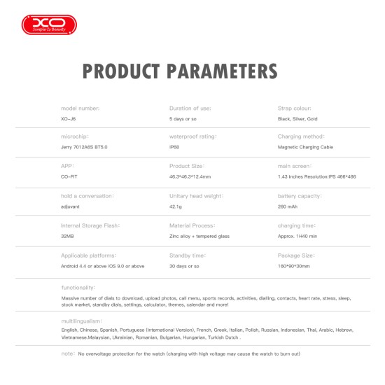 XO J6 Amoled smart sports call watch (Ασημί)