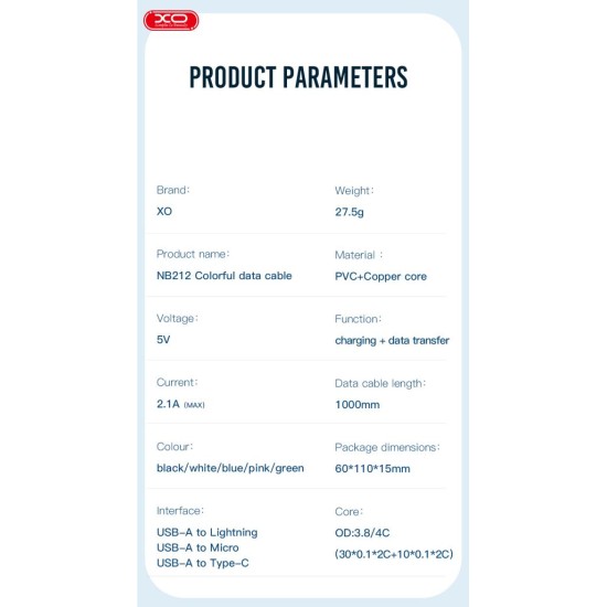 XO NB212 2.1A USB Καλώδιο for Type-C 1m Μπλέ XO NB212 2.1A USB Καλώδιο for Type-C 1m Μπλέ