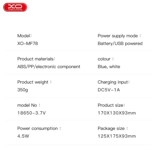 XO MF78 Επιτραπέζιος Ανεμιστήρας 4 ιντσών 1200mAh Μπλέ XO MF78 Επιτραπέζιος Ανεμιστήρας 4 ιντσών 1200mAh Μπλέ